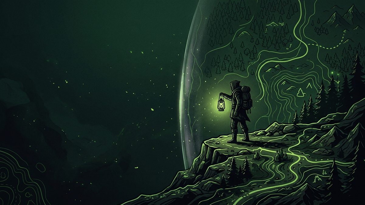 Ilustrasi penjelajah berhenti di batas dunia game yang tidak terlihat