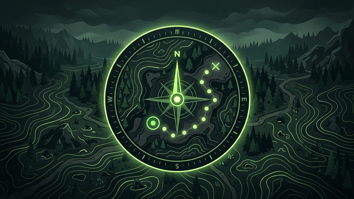 Ilustrasi minimap bergaya peta permainan dengan kompas dan penanda arah